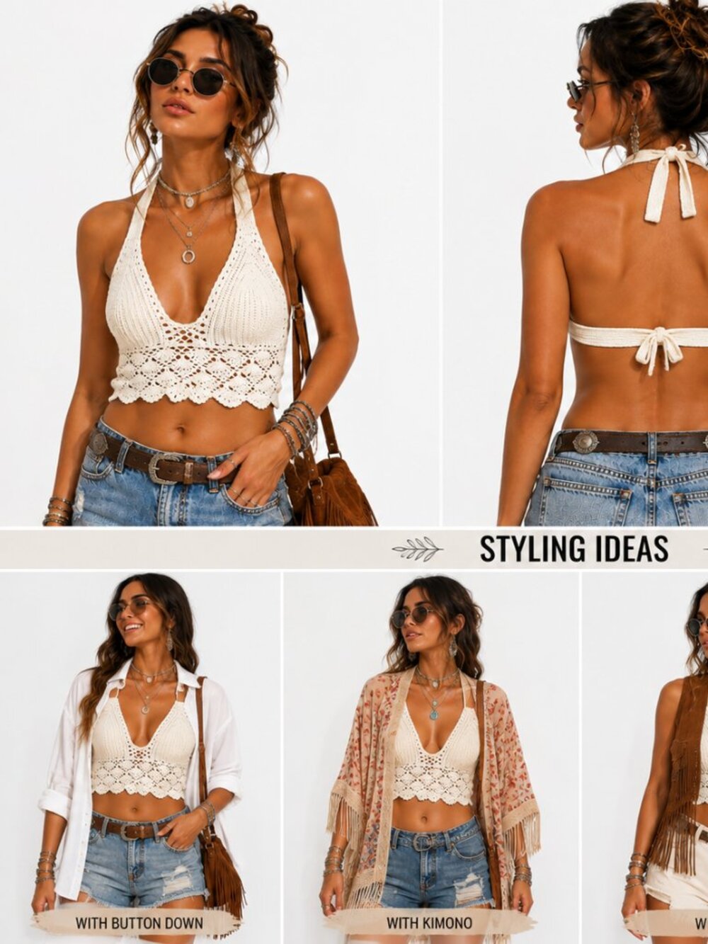 Vintage Y2K Crochet Halter Top Ivory Backless Boho Festival Crop Top S - Picture 4 of 5